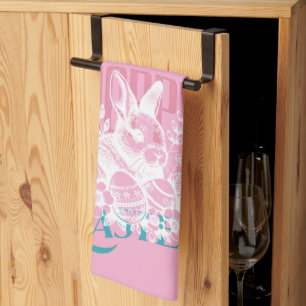 Linge De Cuisine Timbre de lapin de Pâques sautillant rose