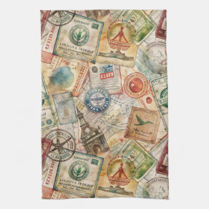 Linge De Cuisine Timbre de passeport rustique motif voyage (5)