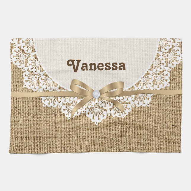 Linge De Cuisine Toile blanche avec dentelle et lin naturel burlap (Horizontal)