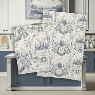 Linge De Cuisine Toile Bleu Français Vintage Paon Coq et Lapin