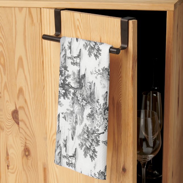 Linge De Cuisine Toile de jouy, noir et blanc, porcelaine, (Pliage en tiers)