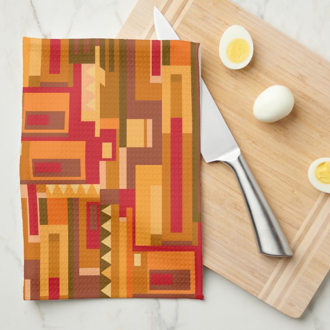 Linge De Cuisine Tons terre rouge orange brun abstrait motif (Quart Plié)
