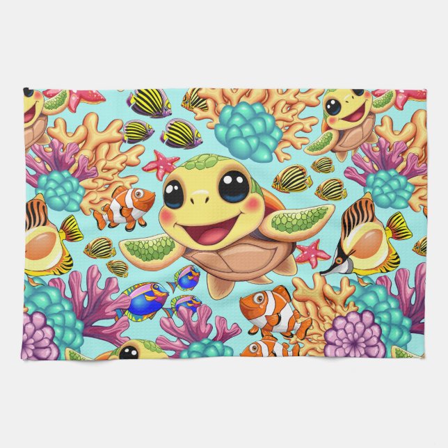 Linge De Cuisine Tortue de mer Bébé heureux et mignonne personnage (Horizontal)