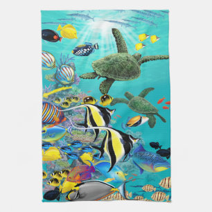 Linge De Cuisine Tortue de mer tropicale hawaïenne de poissons de