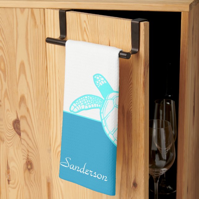 Linge De Cuisine Tortue marine marine Personnalisée Bleu Turquoise  (Pliage en tiers)