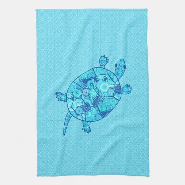 Linge De Cuisine Tortue tourbée fractale - cobalt et bleu turquoise (Vertical)