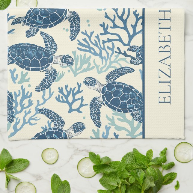 Linge De Cuisine Tortues marines bleues et crémeuses Personnalisées (Plié)