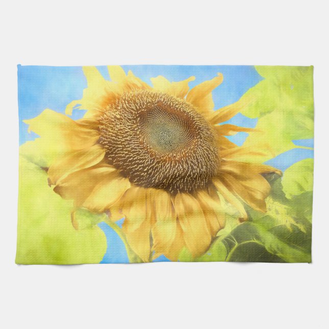 Linge De Cuisine Tournesol Tournesol bleu rustique Aquarelle jaune (Horizontal)
