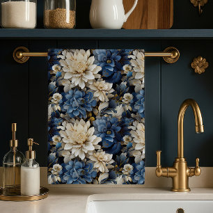 Linge De Cuisine Towel de cuisine doux floral bleu blanc ivoire de