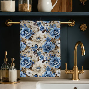 Linge De Cuisine Towel de cuisine doux floral ivoire bleu raffiné