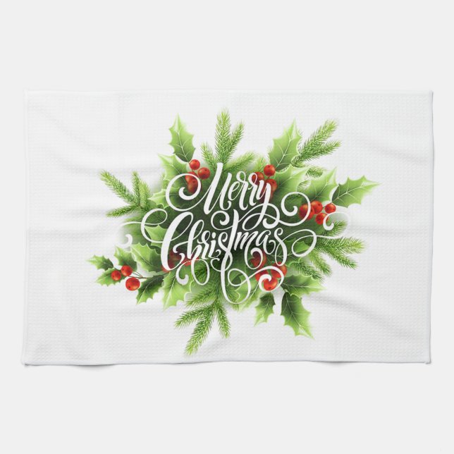 Linge De Cuisine Towel de cuisine Joyeux Noël au houx (Horizontal)