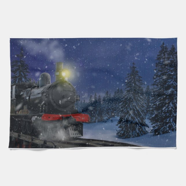 Linge De Cuisine Train de Noël dans la neige (Horizontal)
