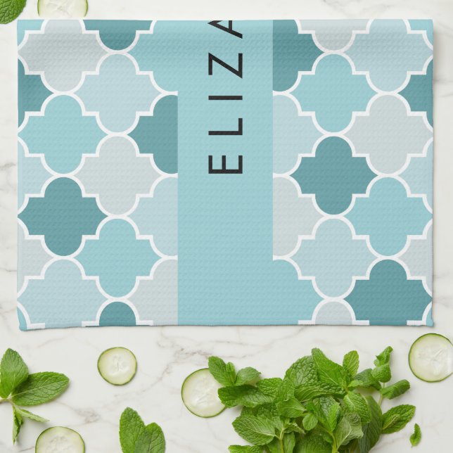 Linge De Cuisine Trellis Bleu Marocain, Quatrefoil, Votre Nom (Plié)