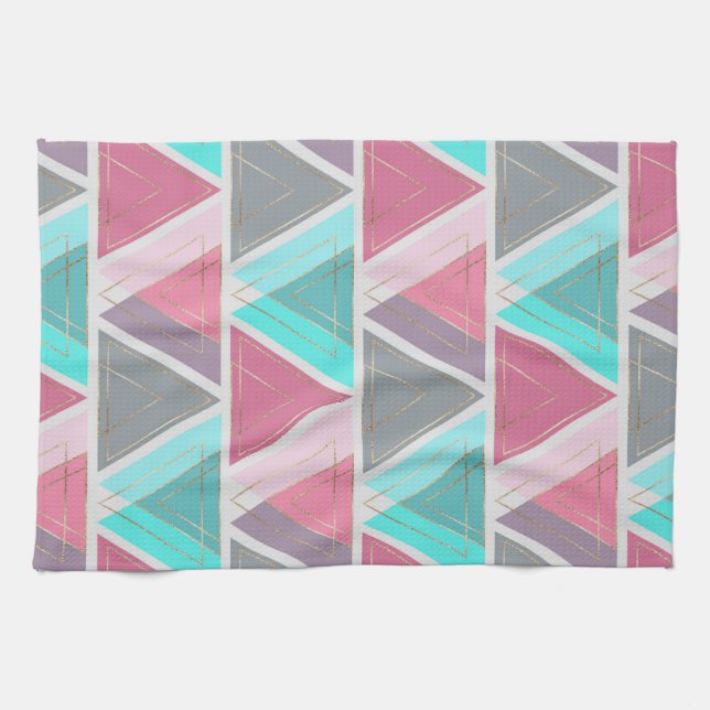 Linge De Cuisine Triangles géométriques Turquoises d'or rose modern (Horizontal)