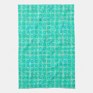 Linge De Cuisine Tribal Batik - aqua et turquoise avec blanc