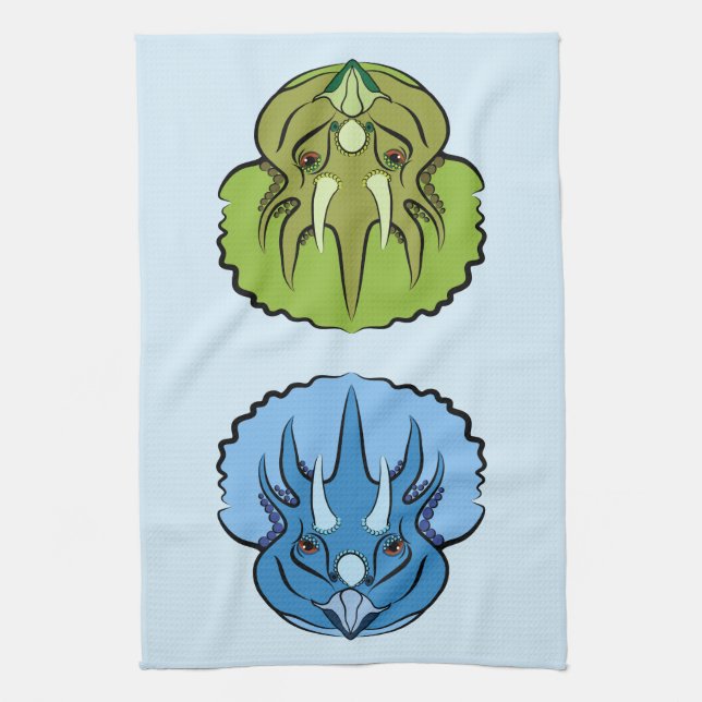 Linge De Cuisine Tricératops Bleu et Vert Cute Dinosaures (Vertical)