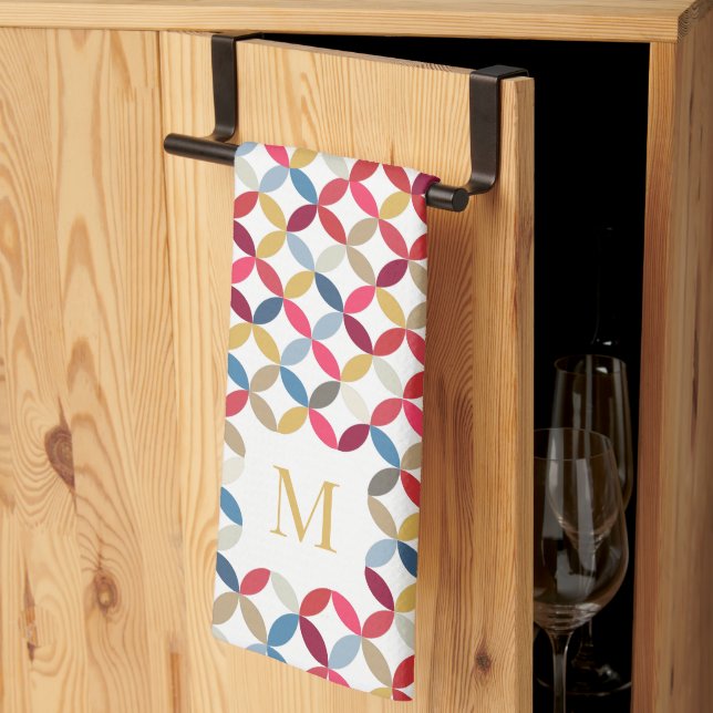 Linge De Cuisine Trimestre circulaire motif or rouge monogramme (Pliage en tiers)