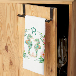 Linge De Cuisine Tropical Floral Seahorse Couple Monogrammé