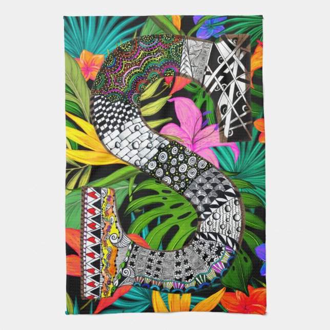 Linge De Cuisine Tropical Flowers Monogram S Kitchen Towel (Vertical)