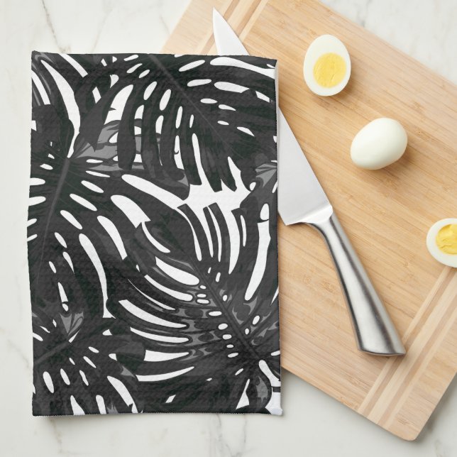 Linge De Cuisine Tropical moderne Noir Blanc Jungle Feuilles (Quart Plié)