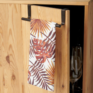 Linge De Cuisine Tropical Orange Brown Palm Feuille Aquarelle Art