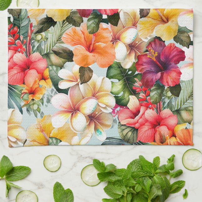 Linge De Cuisine Tropical Rouge Blanc Jaune Monnaie Hibiscus Floral (Plié)