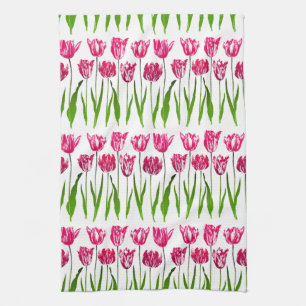 Linge De Cuisine Tulip Garden Imprimer en rose et vert Fuchsia