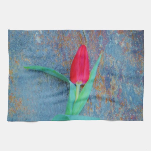 Linge De Cuisine Tulipe rouge sur ardoise gris bleu (Horizontal)