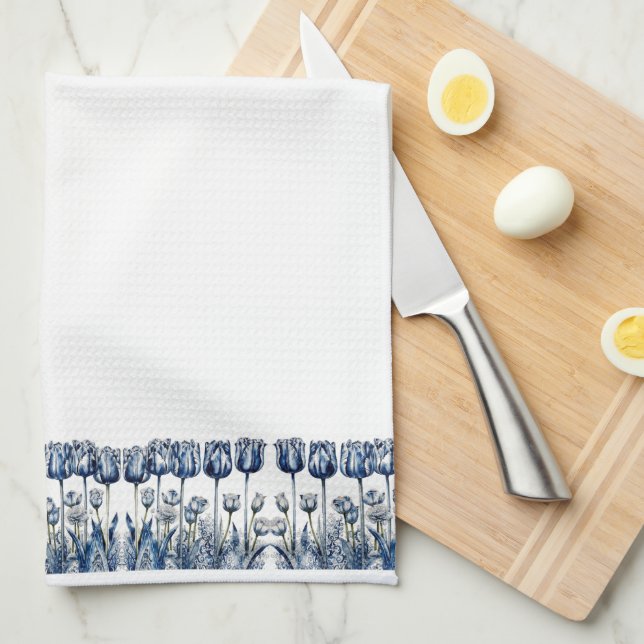 Linge De Cuisine Tulipes en bleu Delft (Quart Plié)
