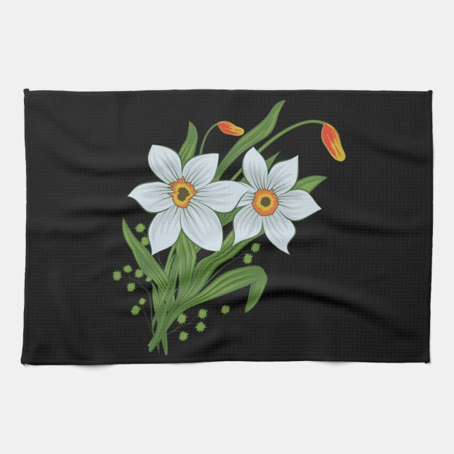 Linge De Cuisine Tulipes et jonquilles Fleurs Arrière - plan noir (Horizontal)