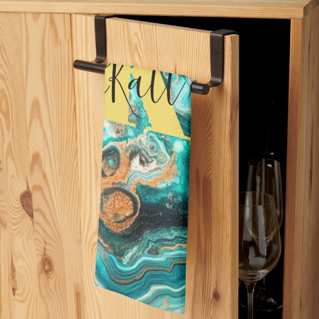 Linge De Cuisine Turquoise Aqua Agate Golden Custom Monogramme mode (Pliage en tiers)