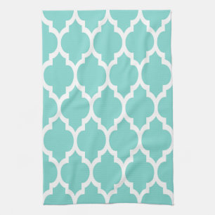 Linge De Cuisine Turquoise Aqua Blanc Motif Quatrefoil Marocain #4