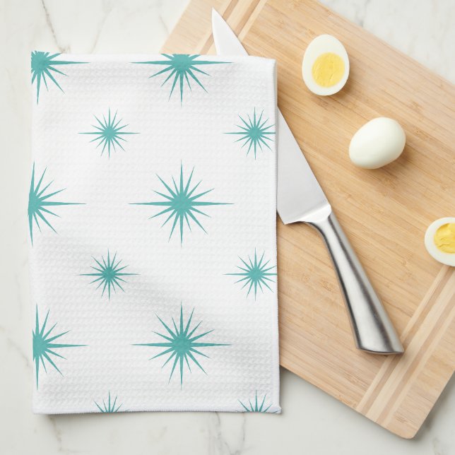 Linge De Cuisine Turquoise Blue Starburst Motif Retro Mi-siècle (Quart Plié)