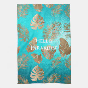 Linge De Cuisine Turquoise Gold Tropical Feuille
