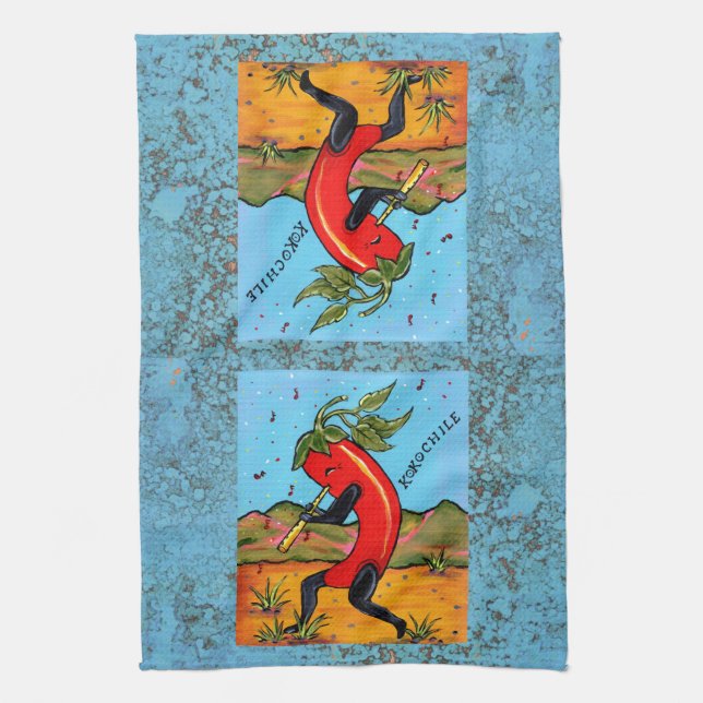 Linge De Cuisine Turquoise Kokopelli Chili Pepper Fun Towne (Vertical)