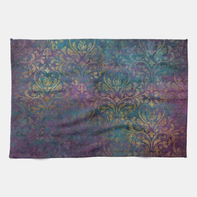 Linge De Cuisine Turquoise rose violet Gold Damas (Horizontal)