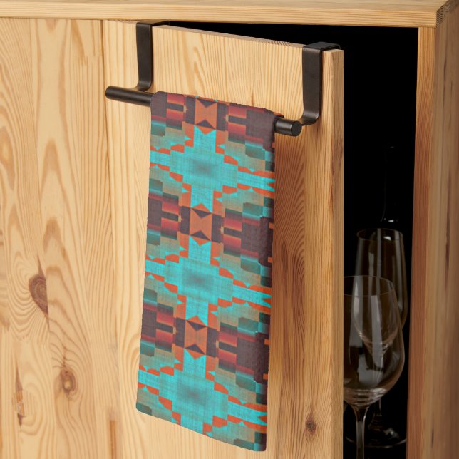 Linge De Cuisine Turquoise Turquoise Orange Rouge Eclectique Ethniq (Pliage en tiers)