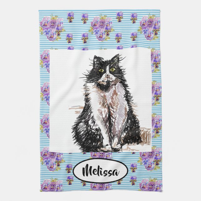 Linge De Cuisine Tuxedo Black White Chat art Floral Dames Nom (Vertical)