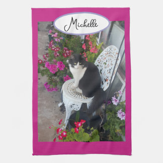 Linge De Cuisine Tuxedo Cat Maroon Dark Pink Cats and Flowers