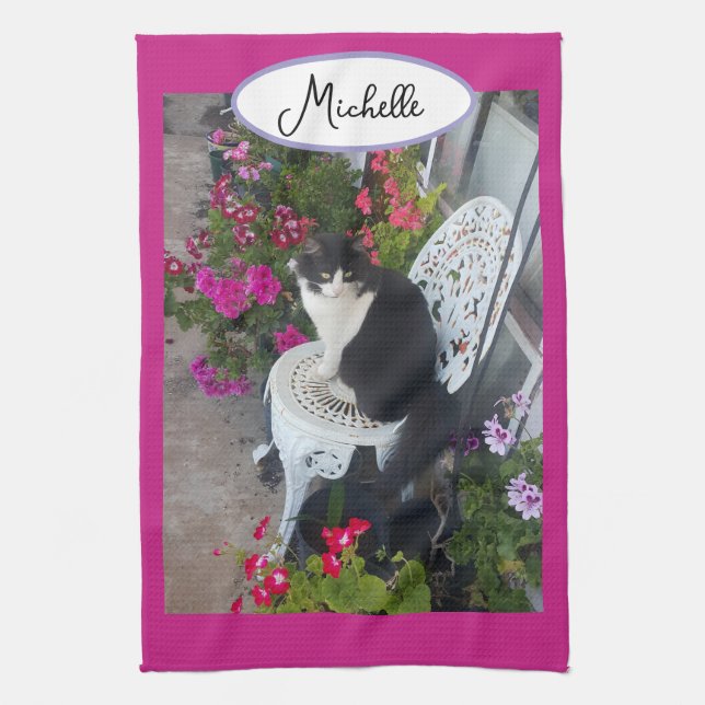 Linge De Cuisine Tuxedo Cat Maroon Dark Pink Cats and Flowers (Vertical)