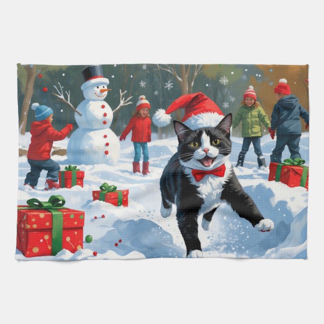 Linge De Cuisine Tuxedo Chat coule en neige avec Casquette de Noël (Horizontal)
