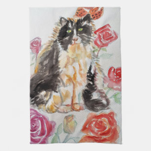 Linge De Cuisine Tuxedo Chat Cute Rose Fleurs Chats Aquarelle Rose