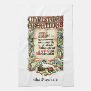 Linge De Cuisine Typographie vintage Florale Noël Bonjour Poème