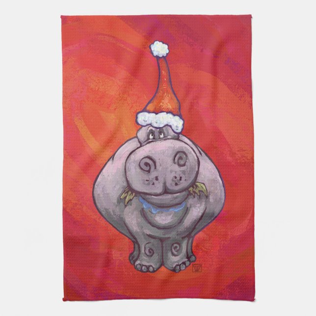Linge De Cuisine Un joli hippo à Santa Hat en rouge (Vertical)