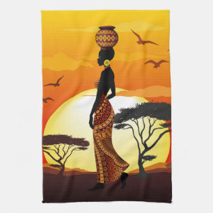 Linge De Cuisine Une belle femme africaine Silhouette sur les solei