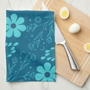 Linge De Cuisine Une conception de fleurs de couleur cyan tendance