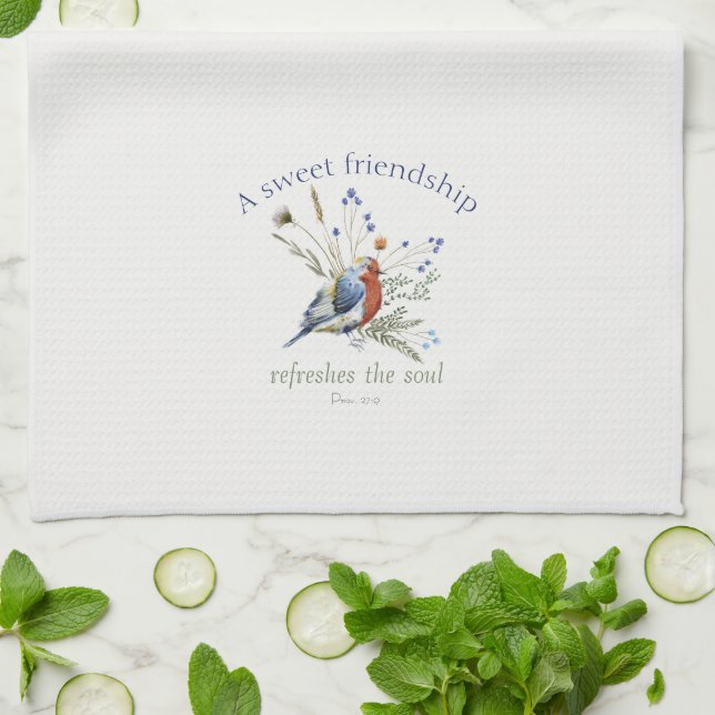 Linge De Cuisine ‘Une douce amitié’ Bible Verse Aquarelle Oiseau (Plié)