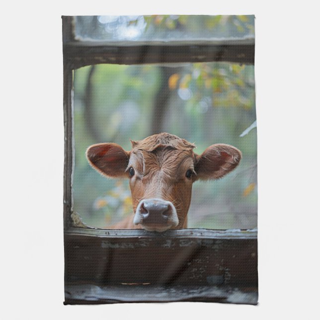 Linge De Cuisine Une vache curieuse qui regarde à travers une fenêt (Vertical)