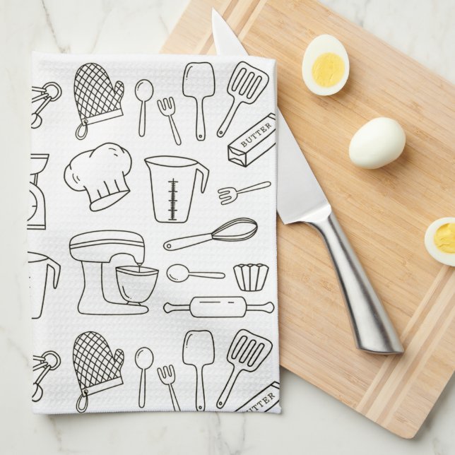 Linge De Cuisine Ustensiles de cuisine Motif Doodle noir et blanc (Quart Plié)