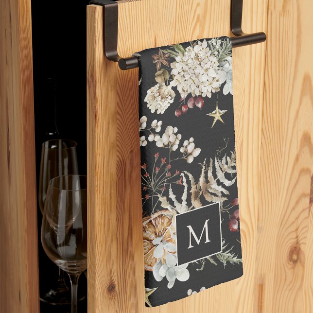 Linge De Cuisine Vacances botaniques noires (Monogrammed Black Boho Botanical Holiday Kitchen Towel
)